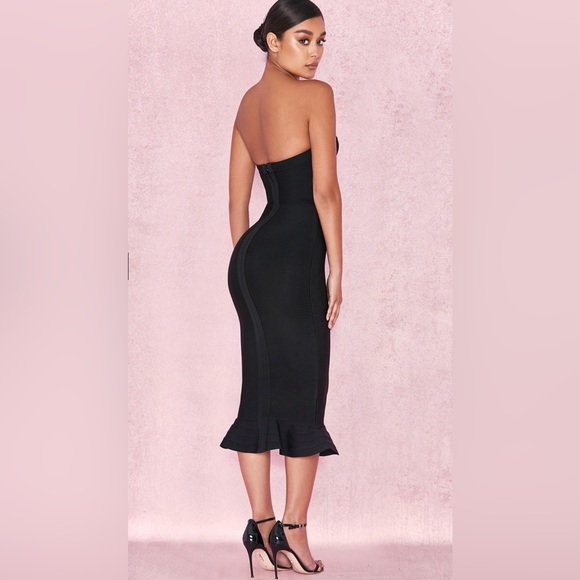 NWT - House Of CB London FABRIZIA 
BLACK BANDAGE STRAPLESS FLUTED-HEM DRESS - Picture 3 of 9